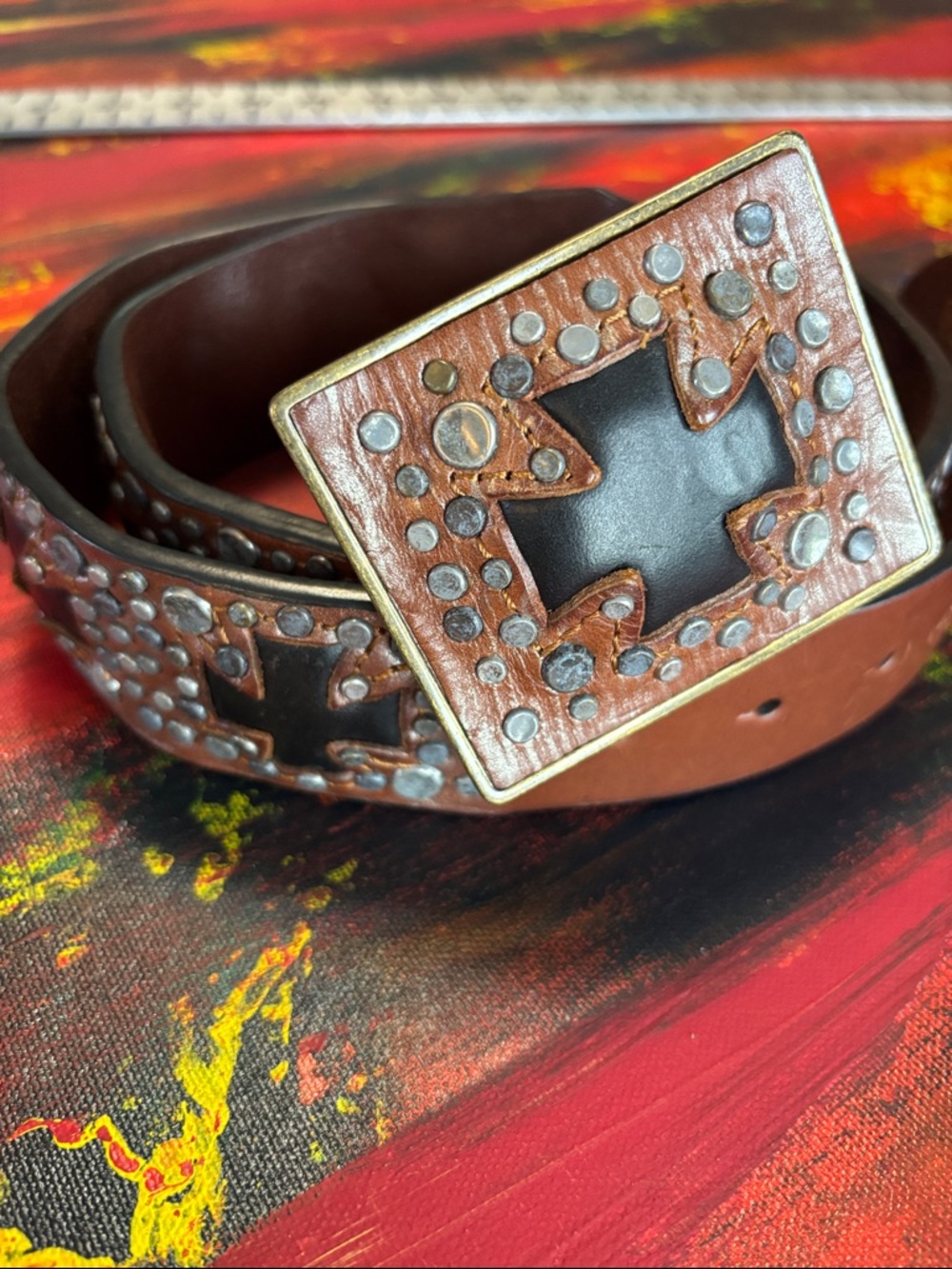 Ariat Brown Genuine Leather Studded Iron Cross Belt